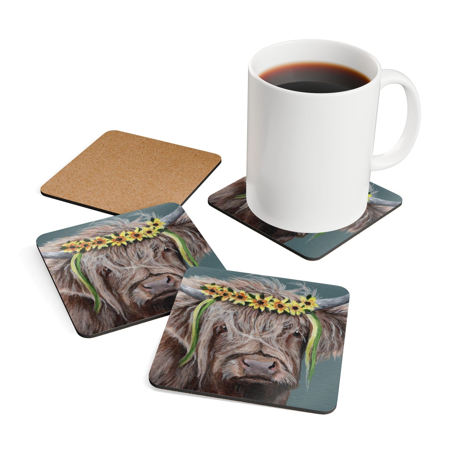 Highland Cow Cork Coaster Set – Sunflower Crown Rustic Drink Coasters