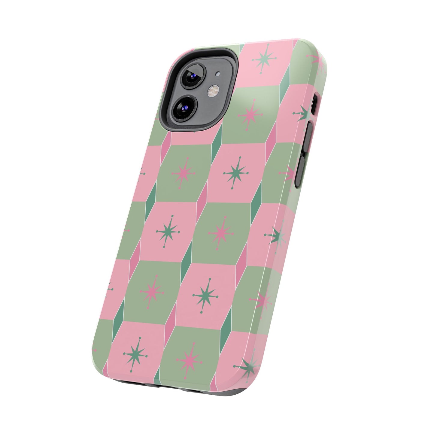 1950s Retro Square and Diamond Pattern in Pink and Green Tough iPhone Cases