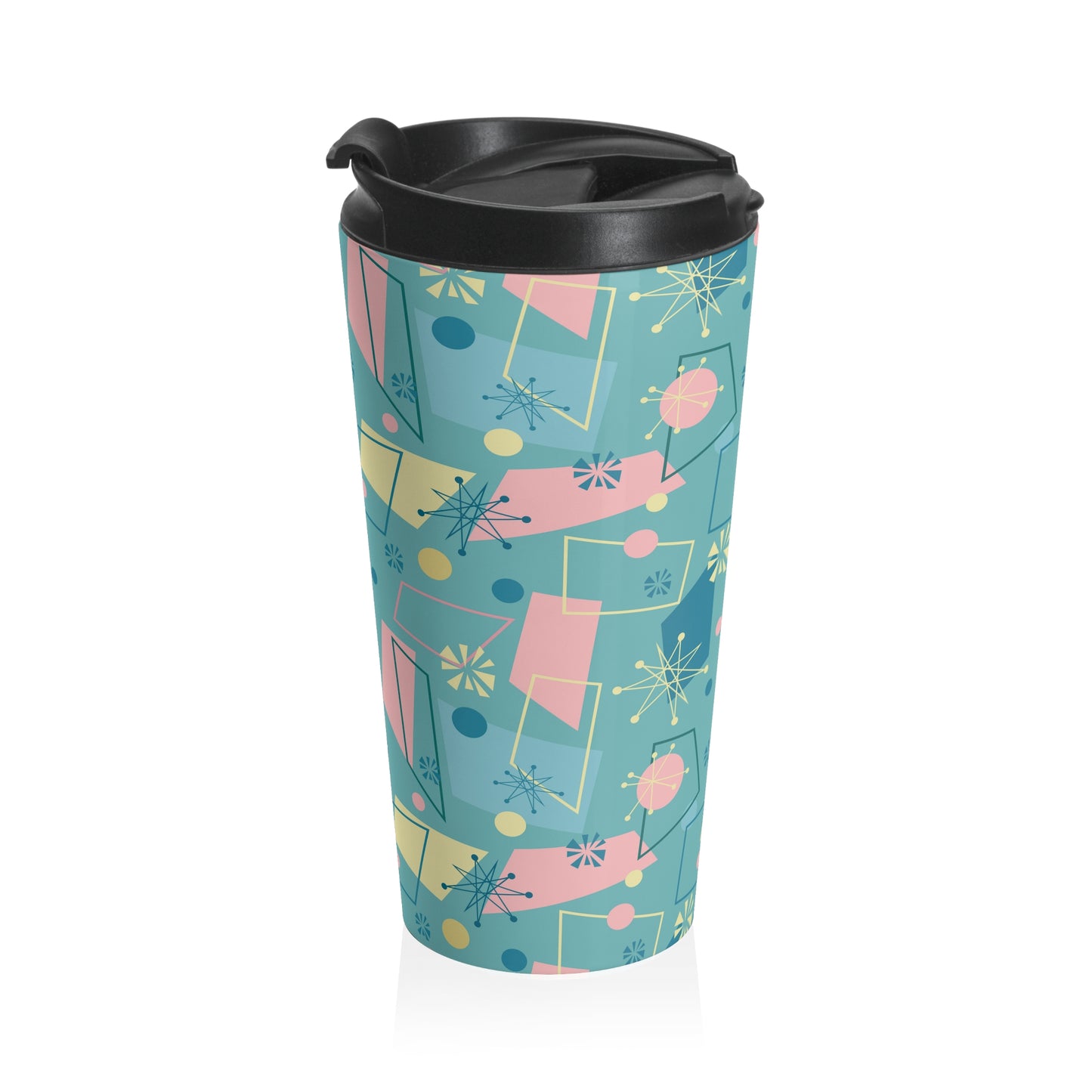 Retro Geometric Travel Mug — Teal Mid-Century Pattern