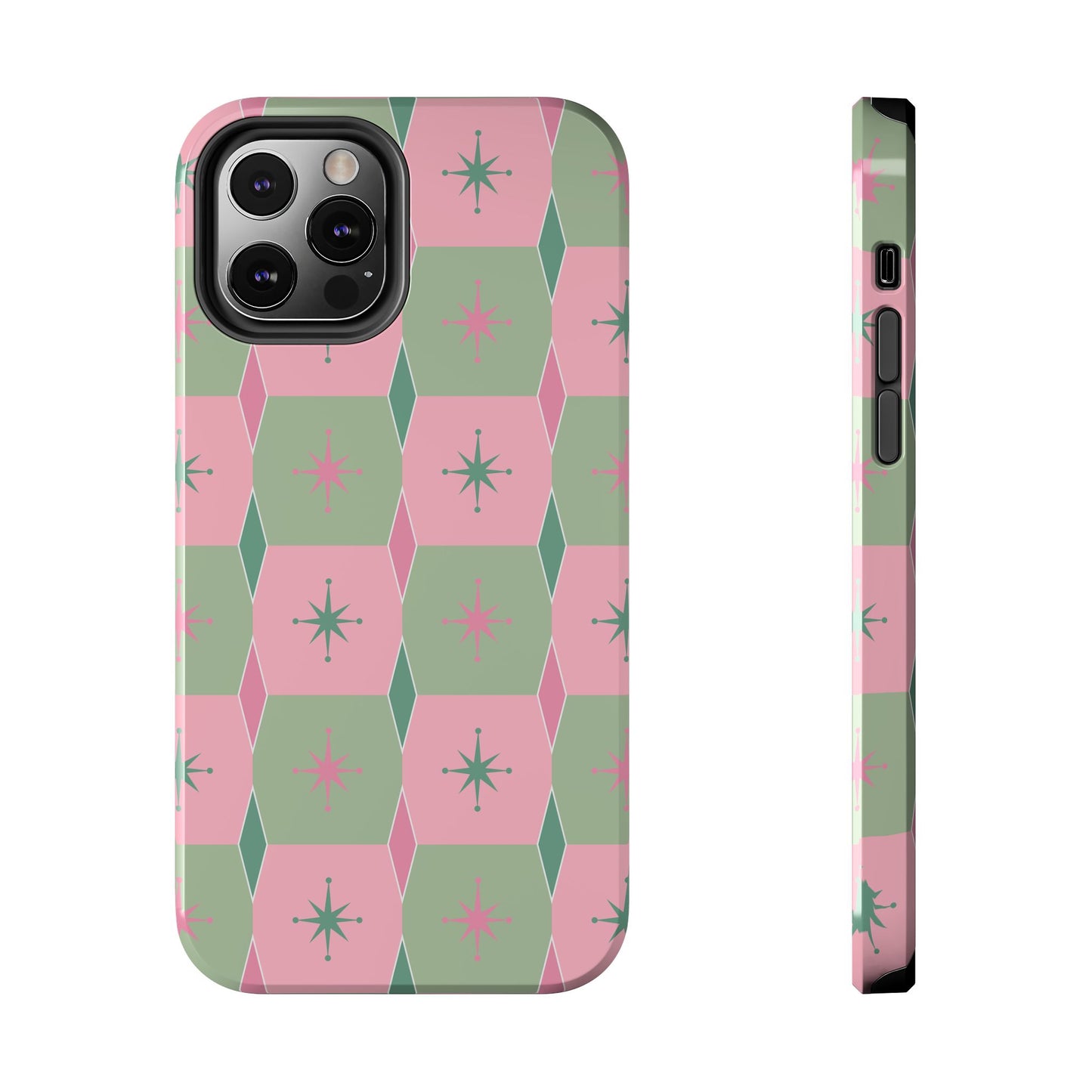 1950s Retro Square and Diamond Pattern in Pink and Green Tough iPhone Cases