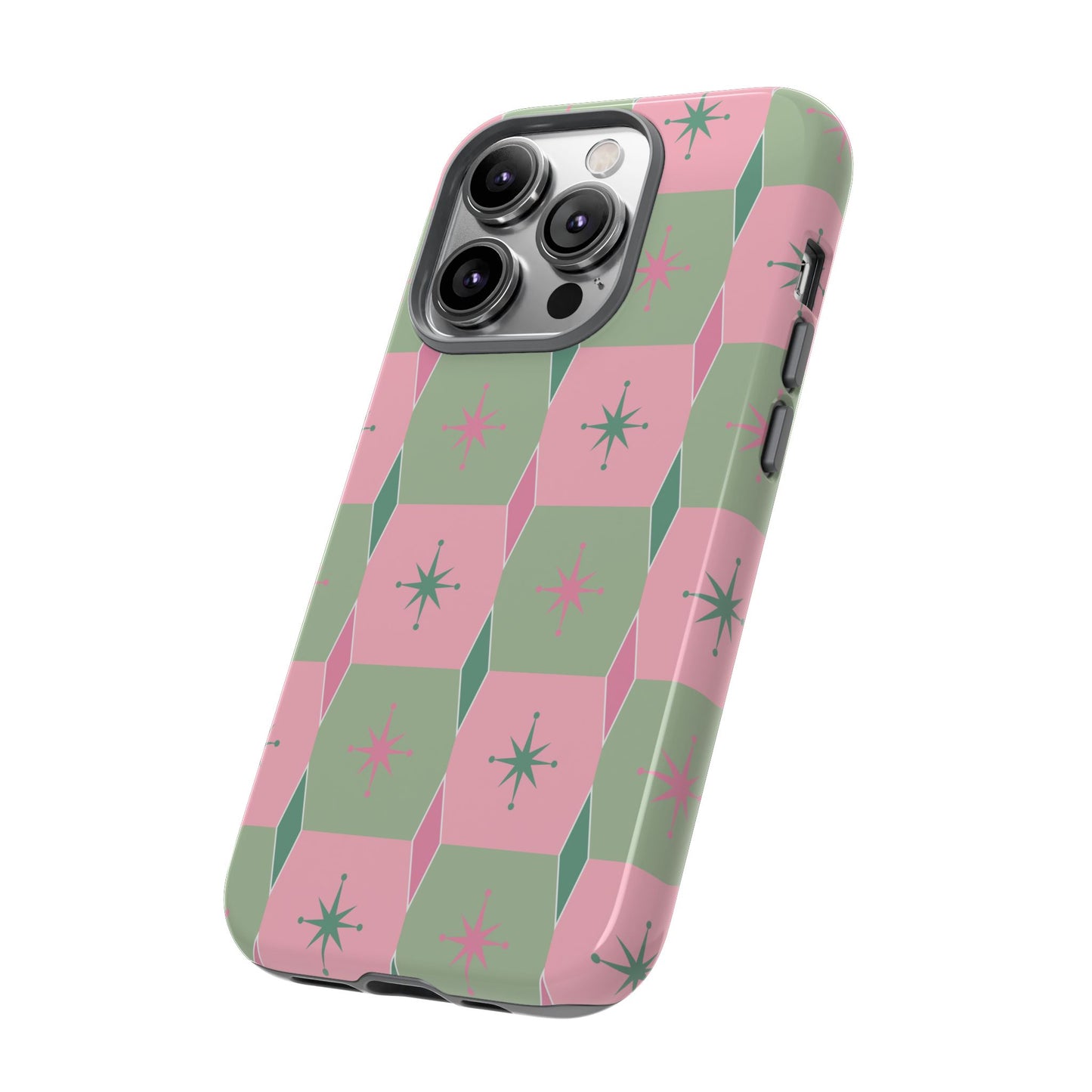 1950s Retro Square and Diamond Pattern in Pink and Green Tough Cases