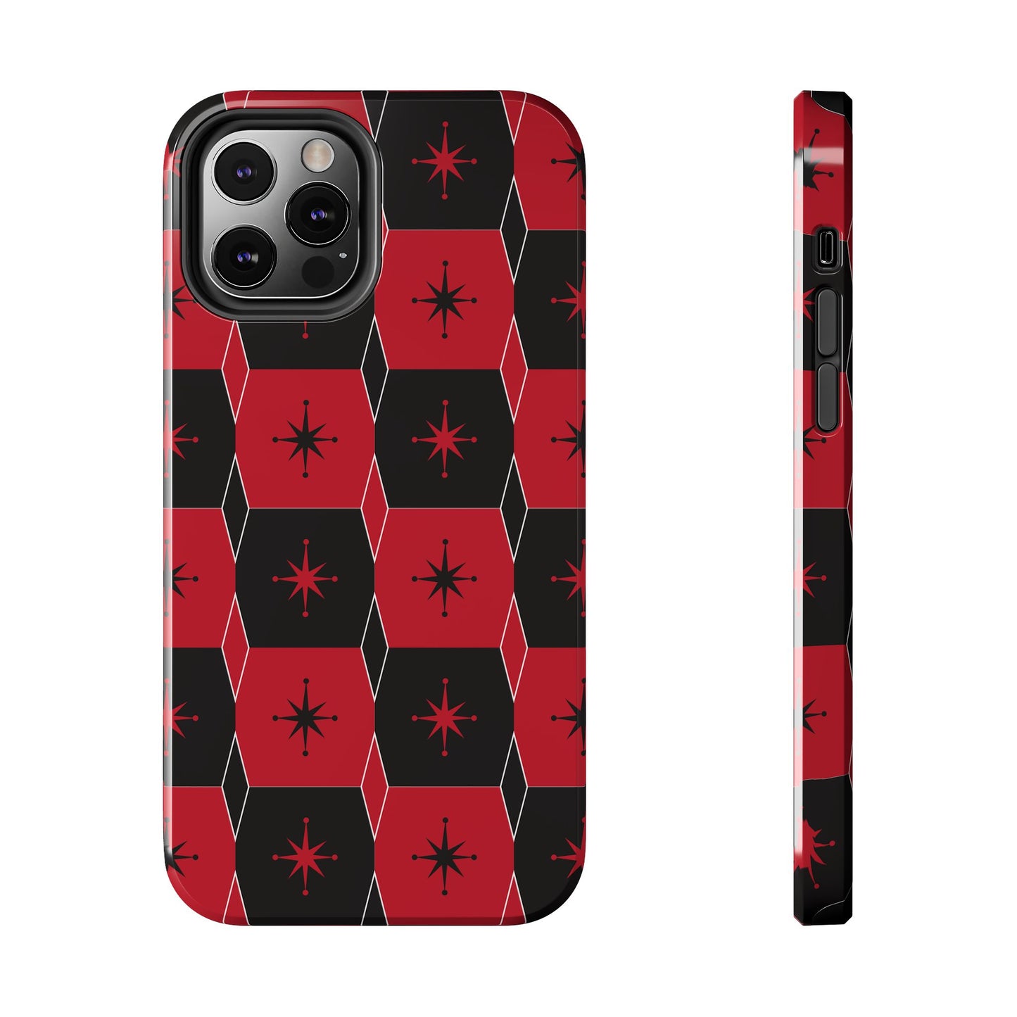 Square and Diamond Pattern in Red and Black Tough iPhone Case