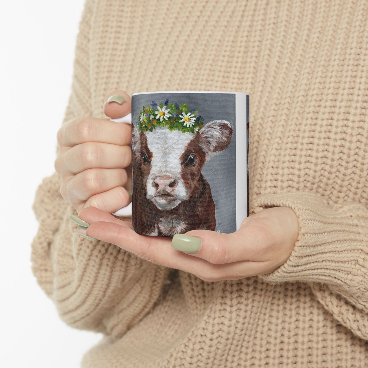 Cow with Daisy Crown Ceramic Mug — Cute Farm Animal Coffee Cup (11oz, 15oz)