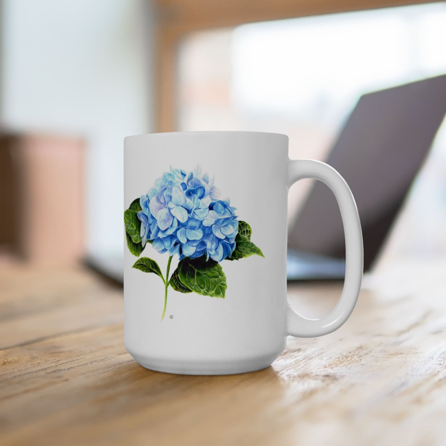 Hydrangea Ceramic Mug — Blue Floral Coffee Cup (11oz & 15oz)