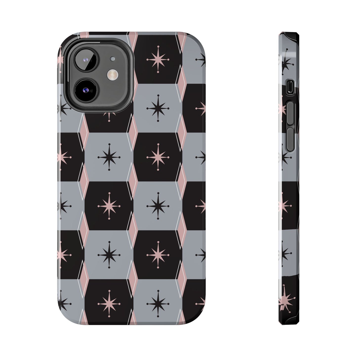 Diamond and Square Pattern in Pink, Black and Gray Tough iPhone Cases