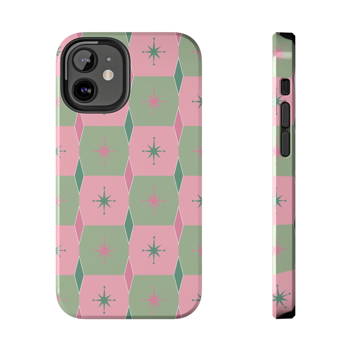 1950s Retro Square and Diamond Pattern in Pink and Green Tough iPhone Cases