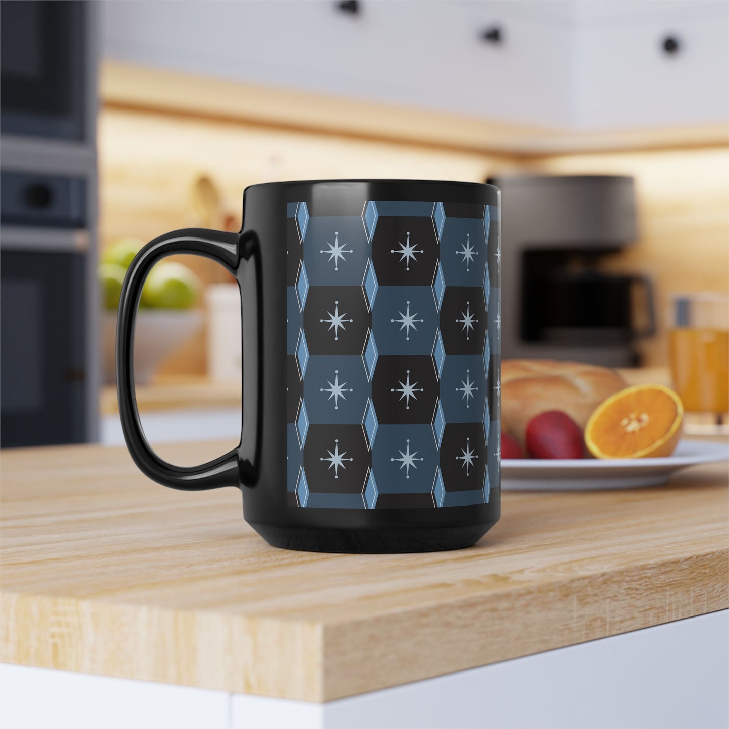 Retro Starburst Pattern Black Coffee Mug — Mid-Century Geometric 11oz/15oz
