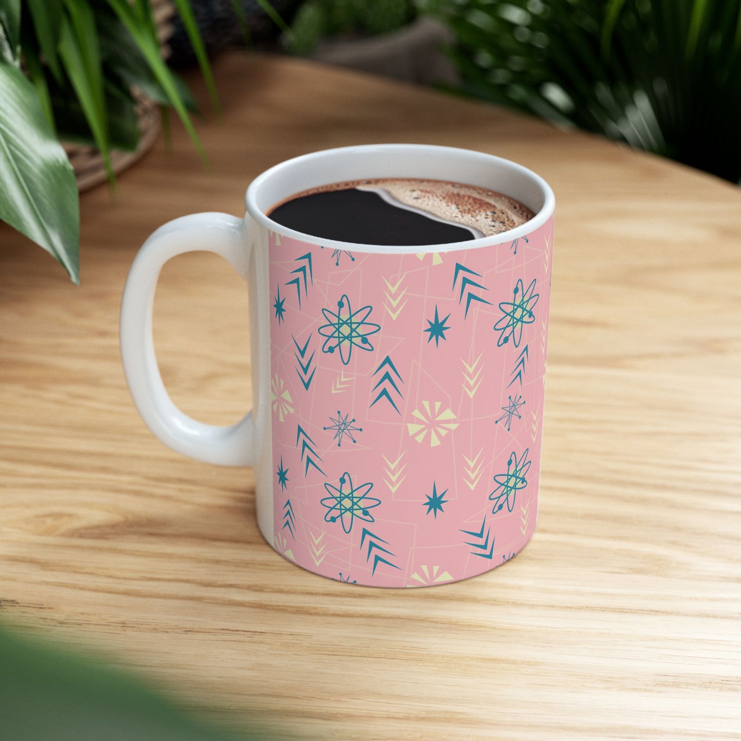Pink Retro Starburst Ceramic Mug – Mid-Century Modern Coffee Cup (11oz/15oz)