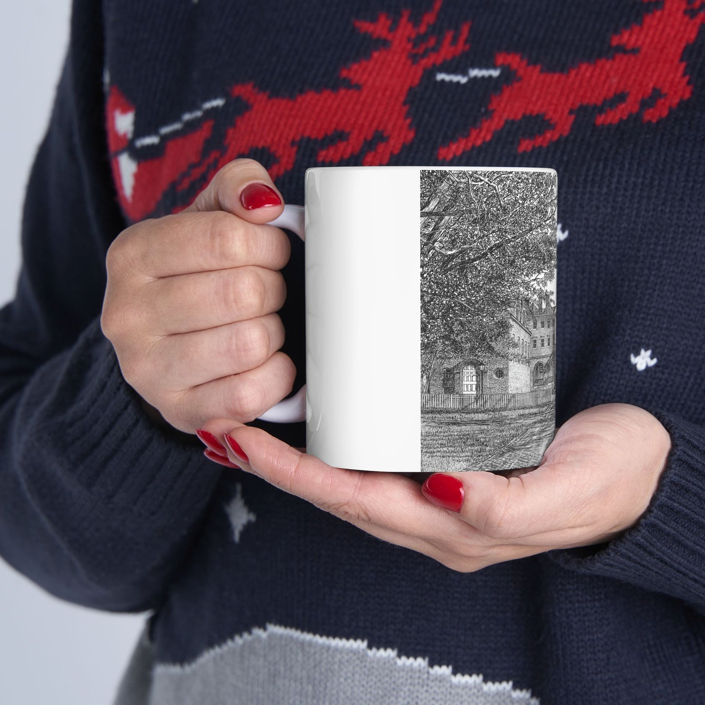 Wren Building, CWM Ceramic Mug — Black & White Architectural Illustration (11oz, 15oz)