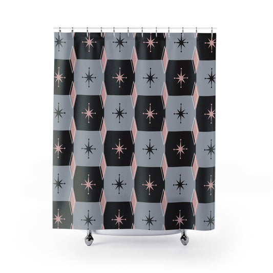 Mid-Century Starburst Shower Curtain — Retro Geometric Bath Decor