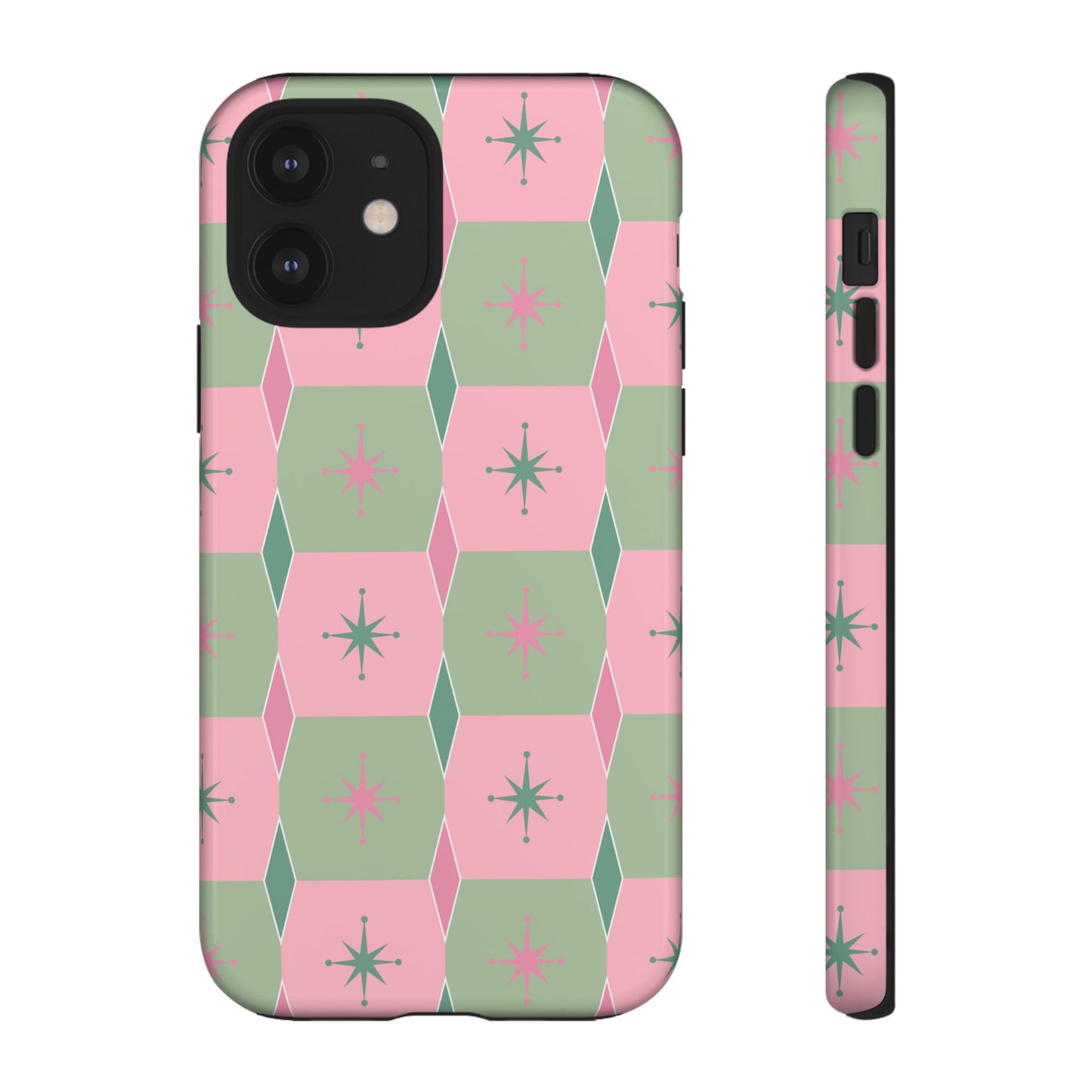 1950s Retro Square and Diamond Pattern in Pink and Green Tough Cases