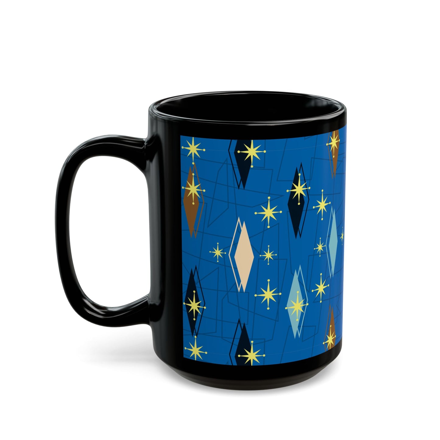 Retro Mid-Century Starburst Pattern Black Coffee Mug — Blue Geometric 11oz/15oz