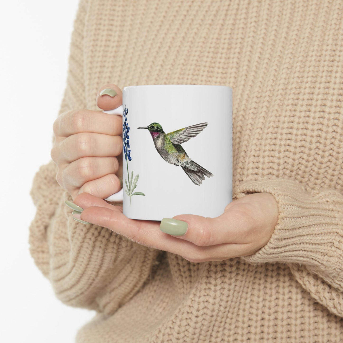 Hummingbird & Bluebonnet Ceramic Mug — Floral Bird Coffee Tea Cup (11oz, 15oz)