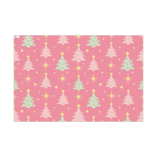 Pink Retro Christmas Tree Gift Wrap Paper — Holiday Wrapping Sheets