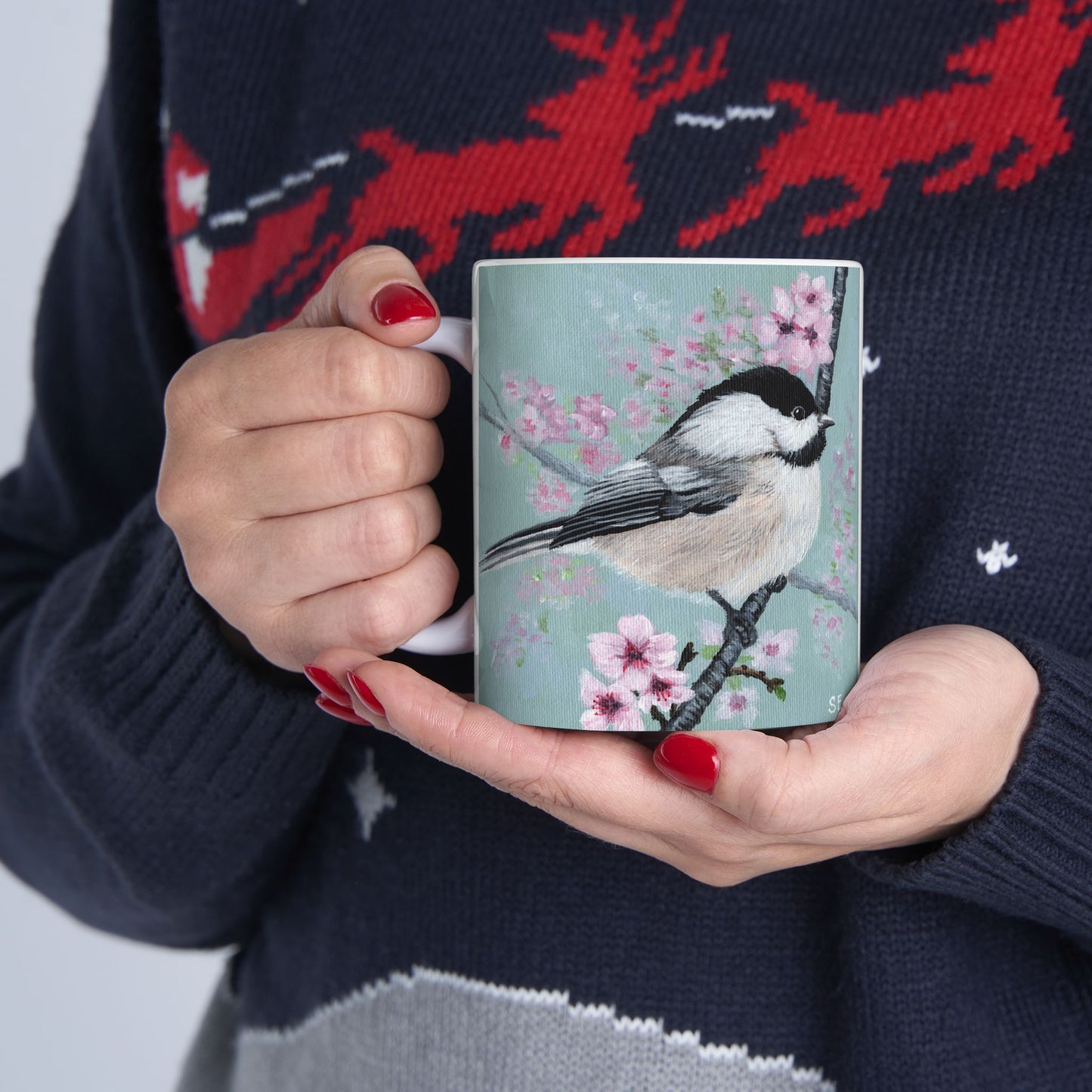 Chickadee Blossom Ceramic Mug — Floral Bird Coffee Cup (11oz & 15oz)