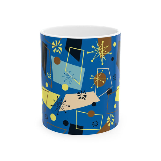 Retro Atomic Blue Ceramic Mug – Mid-Century Modern Geometric Coffee Cup (11oz/15oz)
