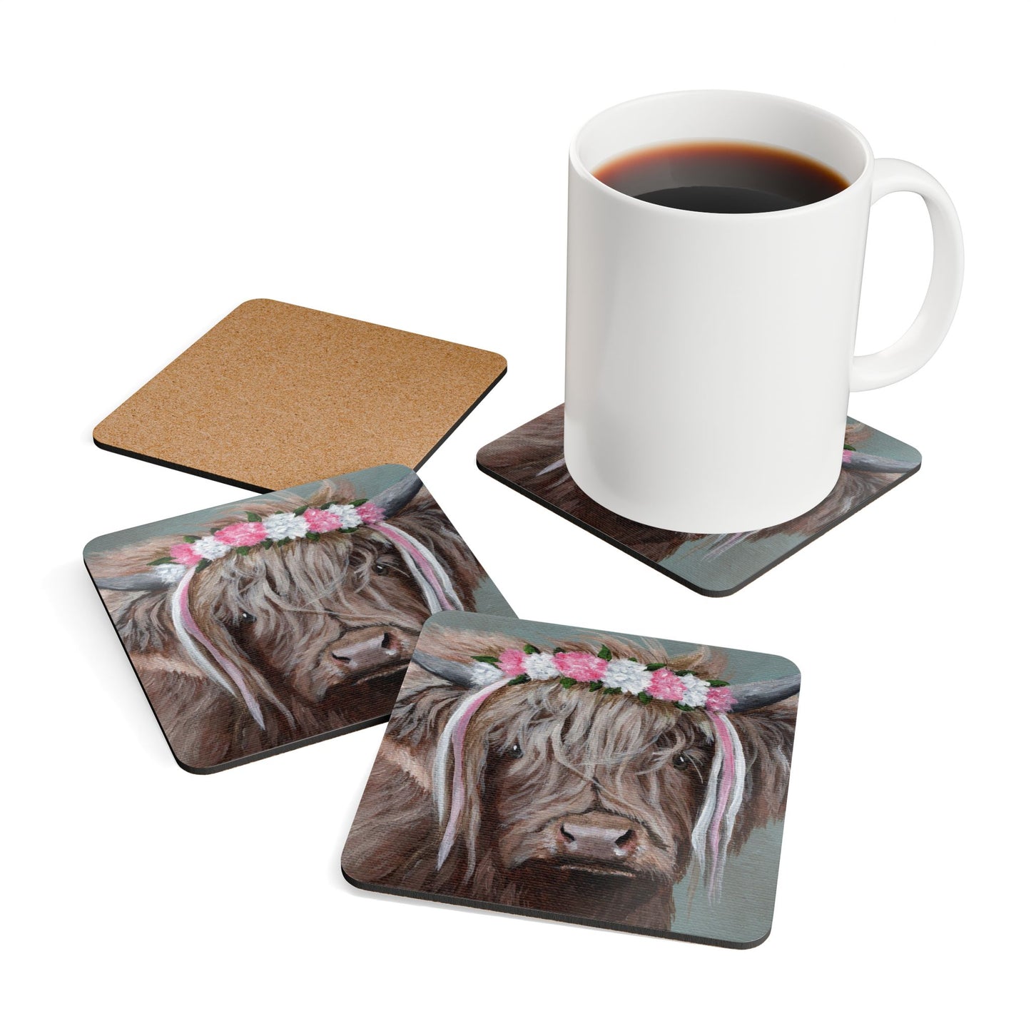 Highland Cow Floral Cork Coaster Set — Cute Farmhouse Drink Coasters (4-Pack)