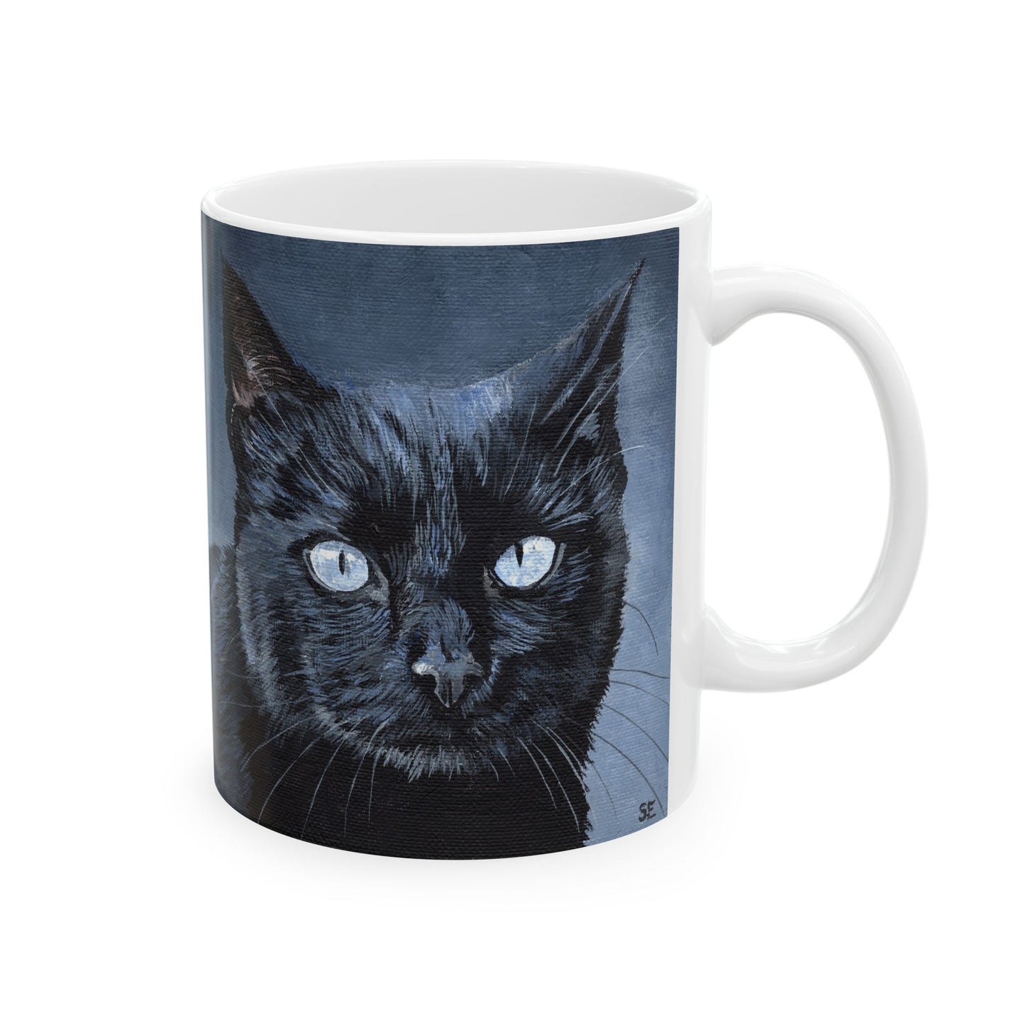 Black Cat Portrait Mug — Ceramic Coffee Cup with Moody Blue Background (11oz, 15oz)