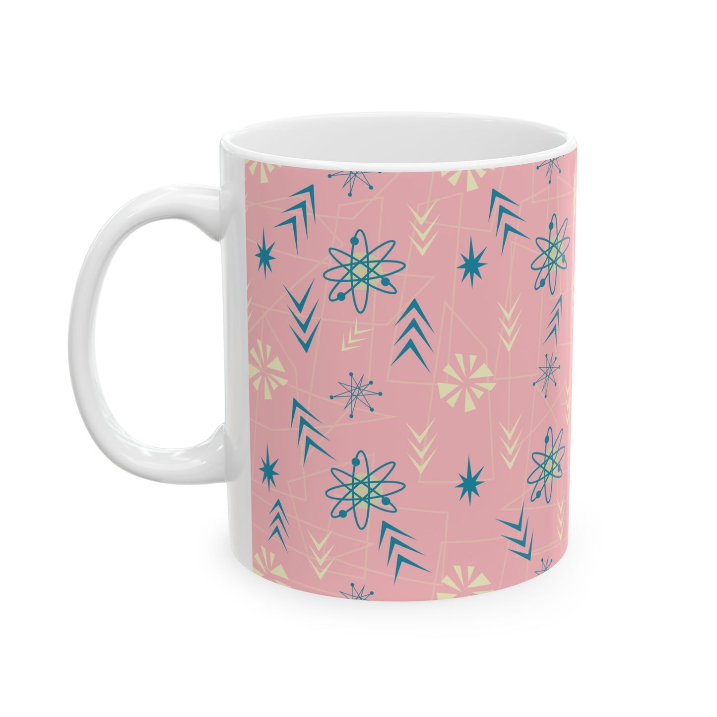 Pink Retro Starburst Ceramic Mug – Mid-Century Modern Coffee Cup (11oz/15oz)