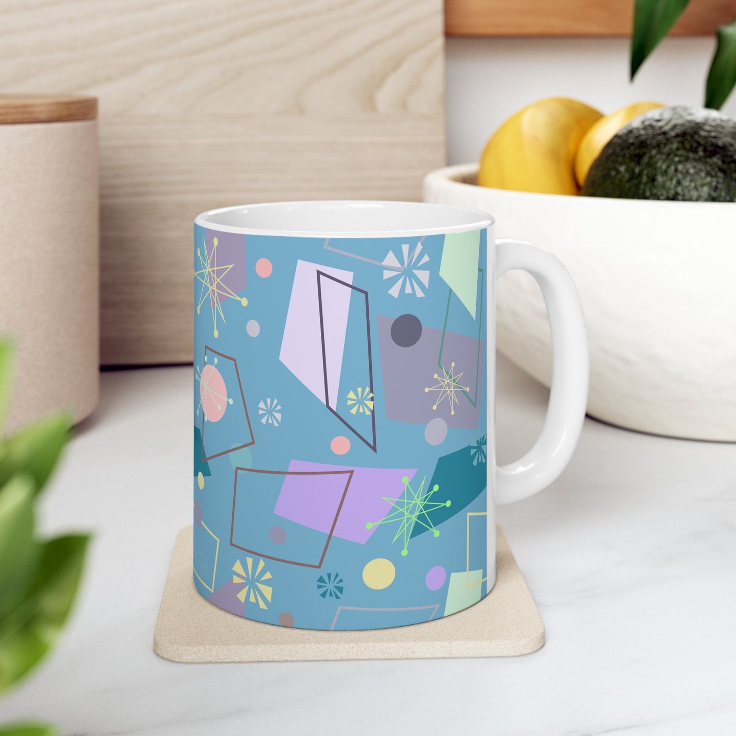 Retro Geometric Ceramic Mug — Mid-Century Modern Atomic Pattern (11oz & 15oz)