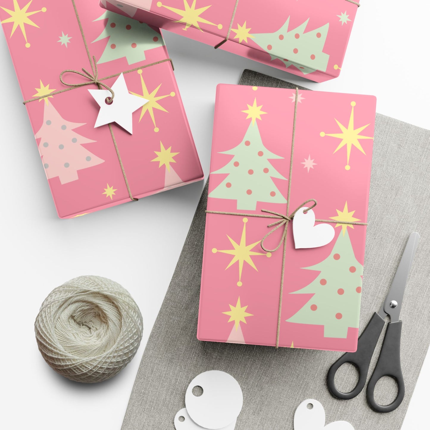 Pink Retro Christmas Tree Gift Wrap Paper — Holiday Wrapping Sheets