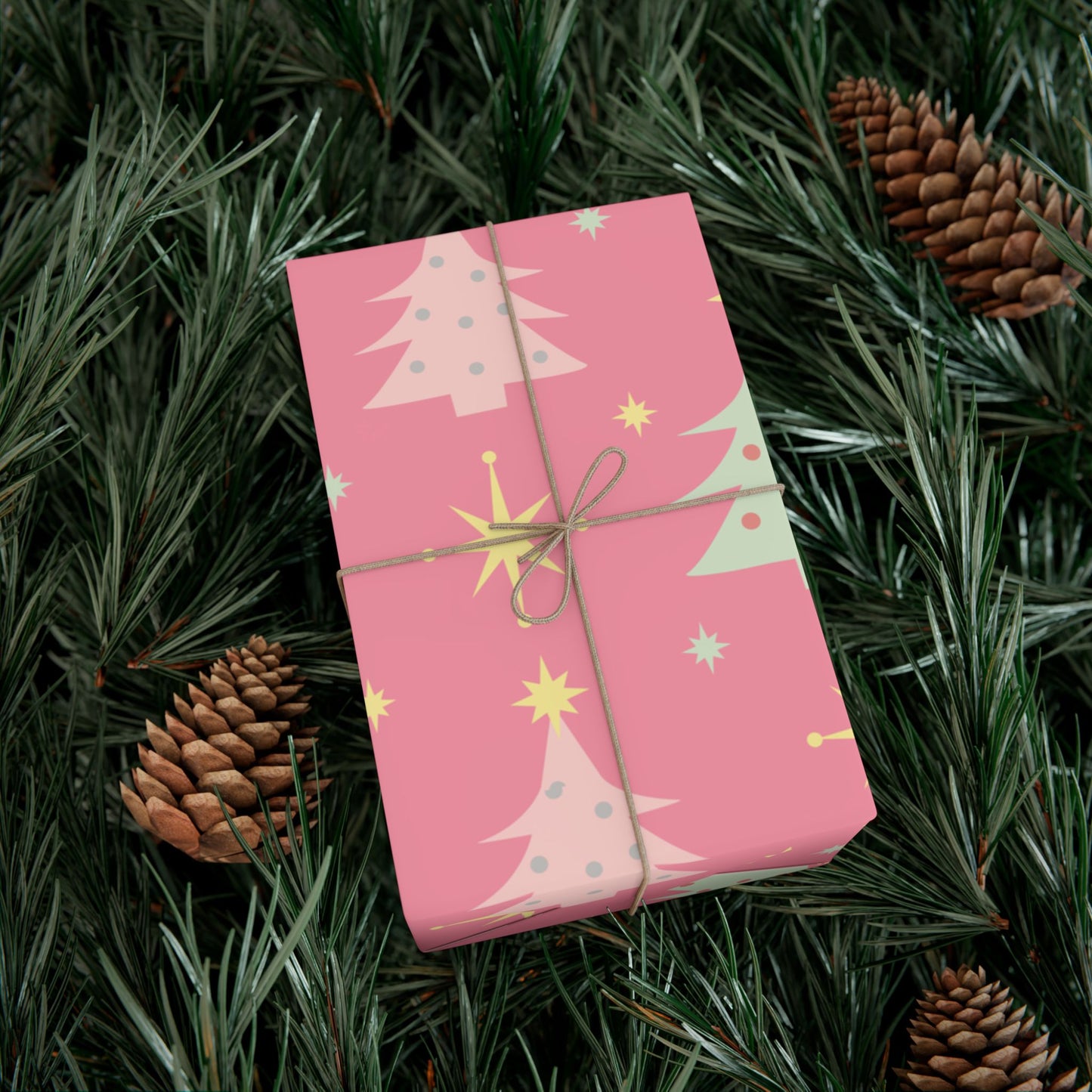 Pink Retro Christmas Tree Gift Wrap Paper — Holiday Wrapping Sheets