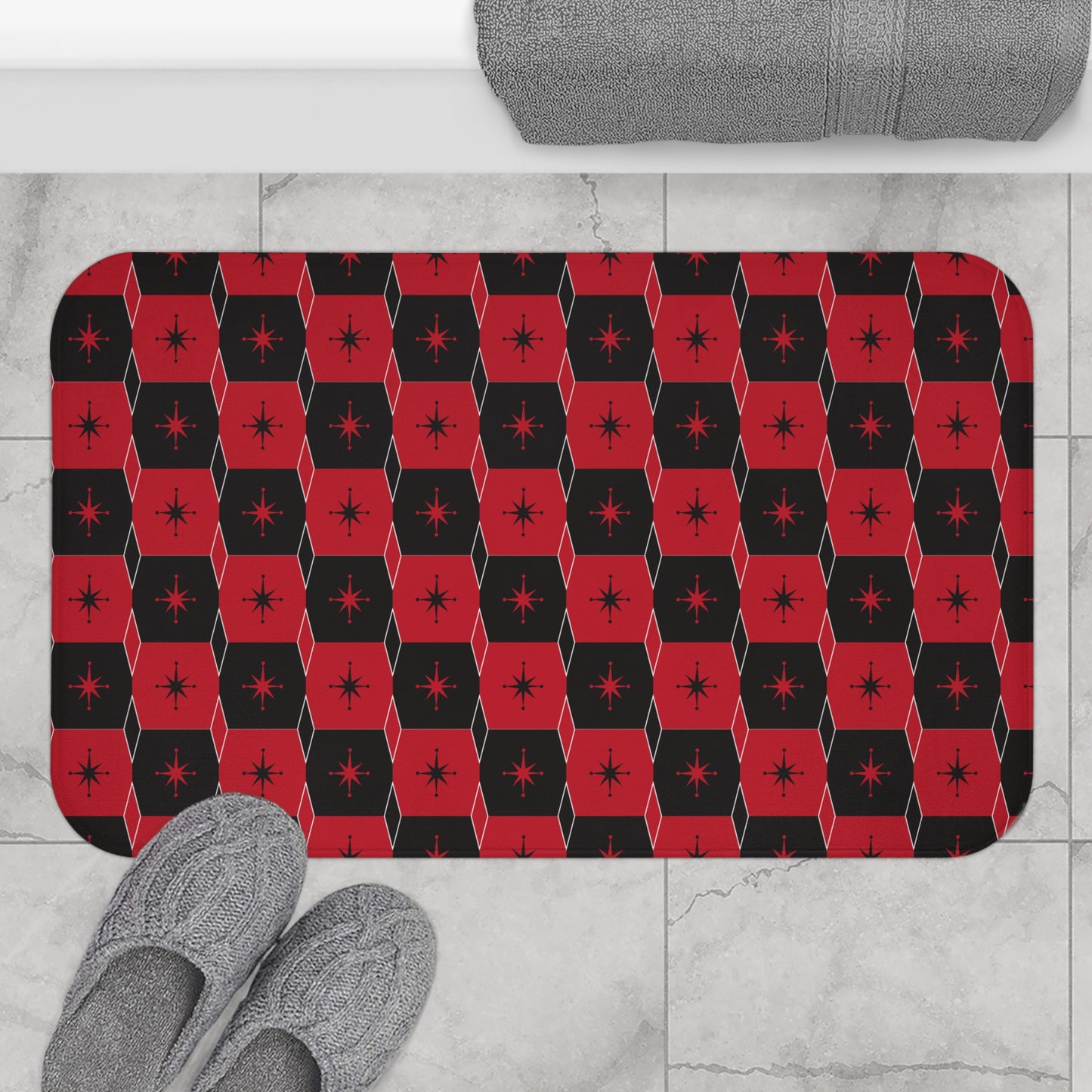 Retro Red & Black Star Pattern Bath Mat