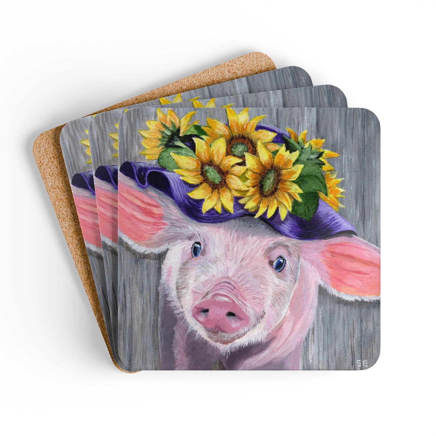 Sunflower Pig Cork Coaster Set — Cute Farmhouse Drink Coasters (4-Pack)