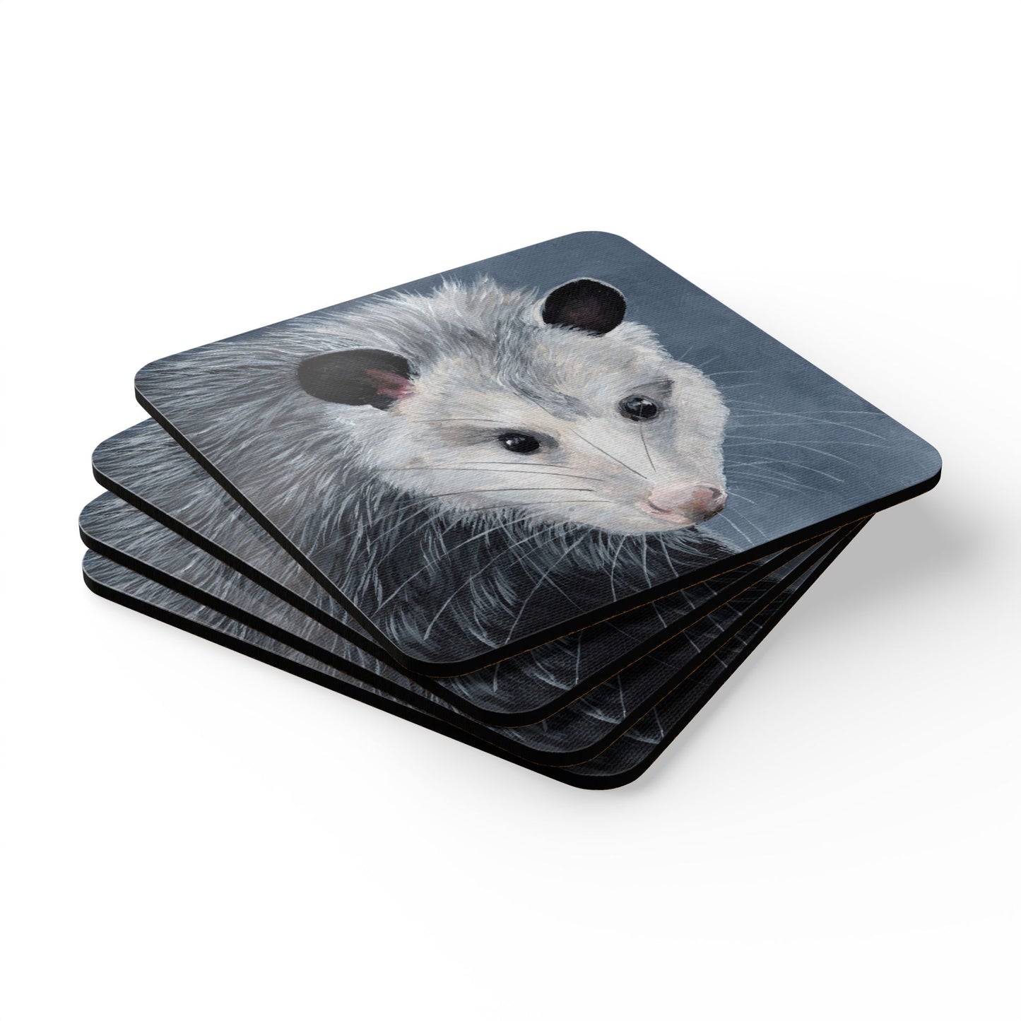 Opossum Cork Coaster Set — Hand-Painted Wildlife Drink Coasters (4-Pack)