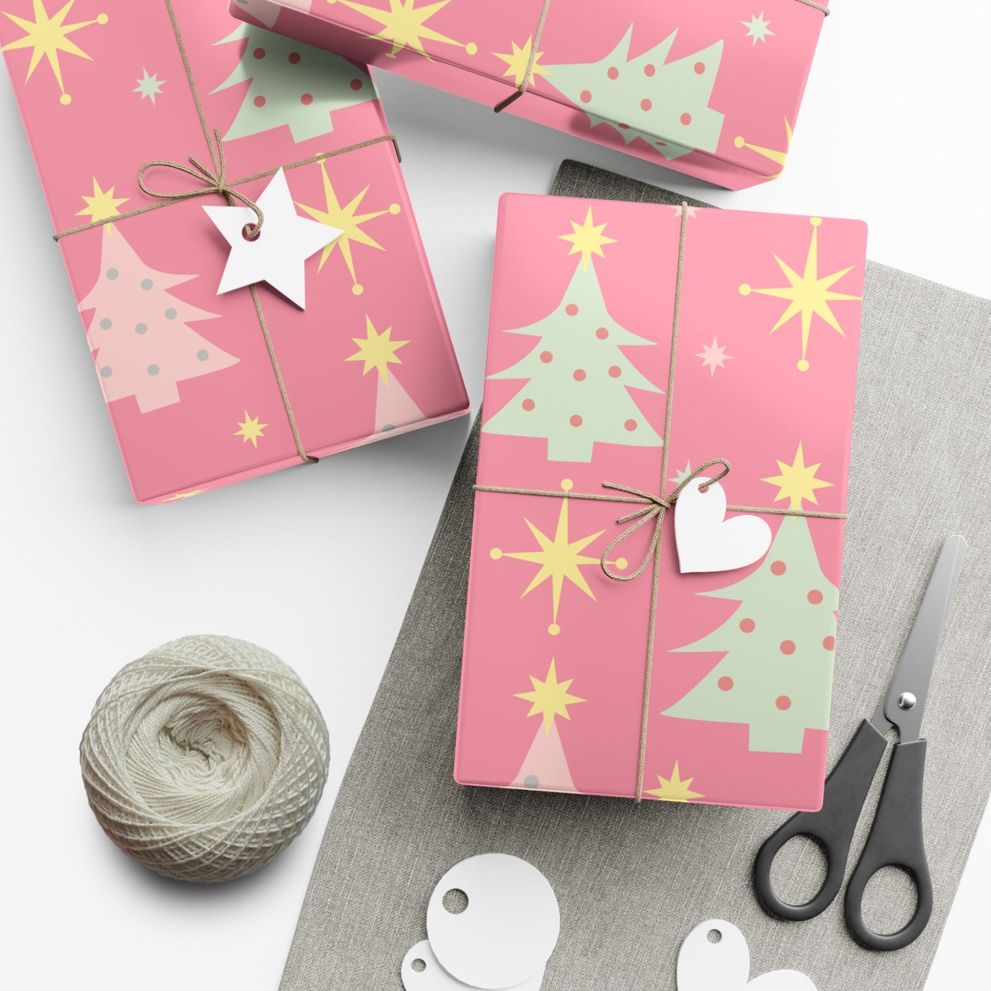 Pink Retro Christmas Tree Gift Wrap Paper — Holiday Wrapping Sheets