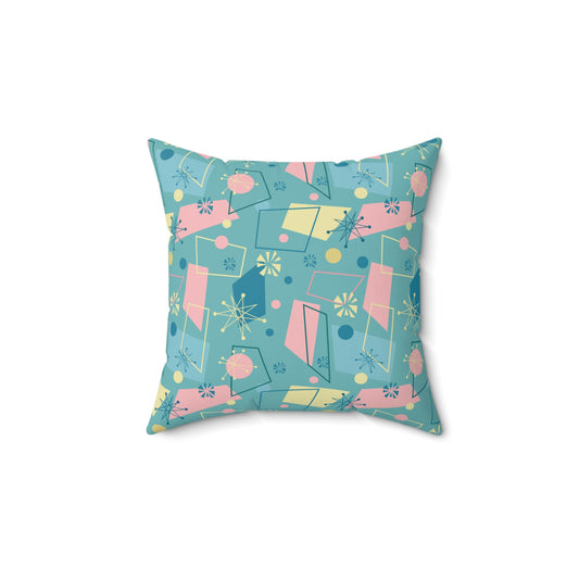 Mid-Century Modern Throw Pillow — Retro Teal Geometric Decorative Cushion