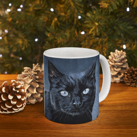Black Cat Portrait Mug — Ceramic Coffee Cup with Moody Blue Background (11oz, 15oz)