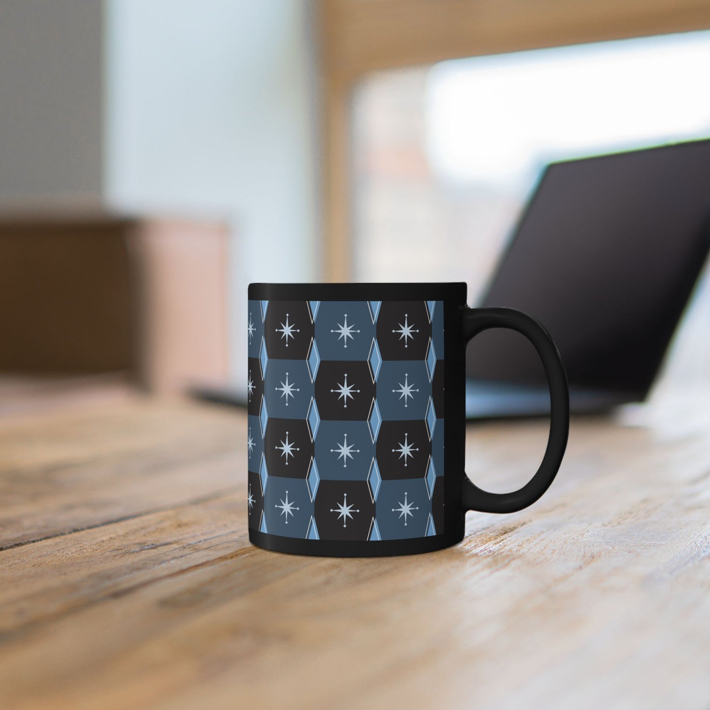 Retro Starburst Pattern Black Coffee Mug — Mid-Century Geometric 11oz/15oz
