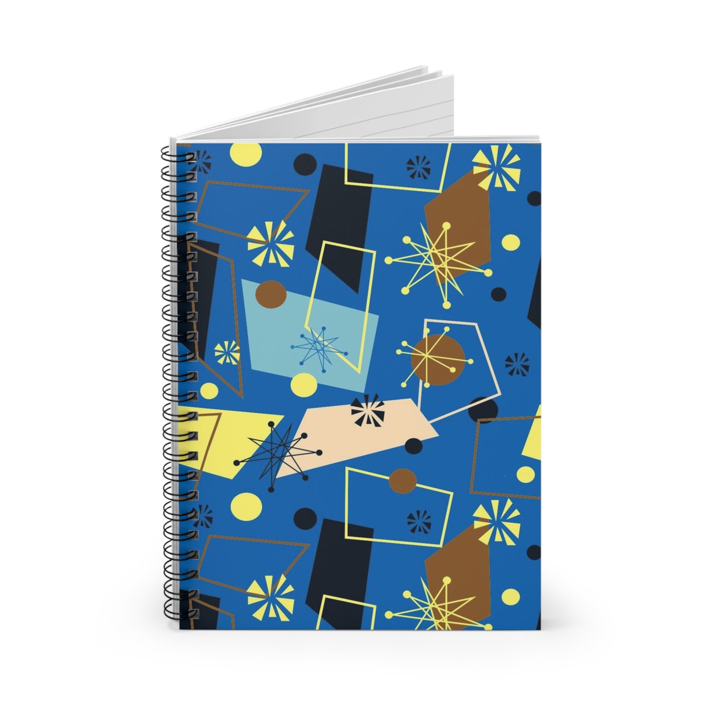 Mid-Century Modern Spiral Notebook — Blue Abstract Retro Pattern, Ruled Journal