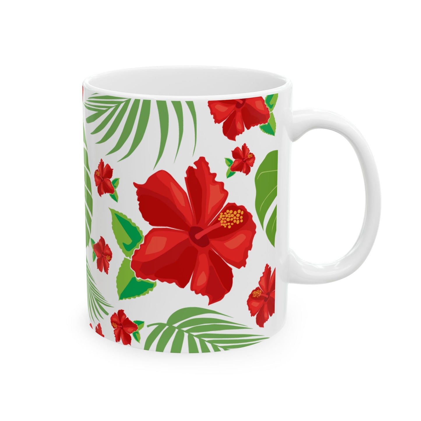 Red Hibiscus and Monstera Leaf Pattern Ceramic Mug 11oz