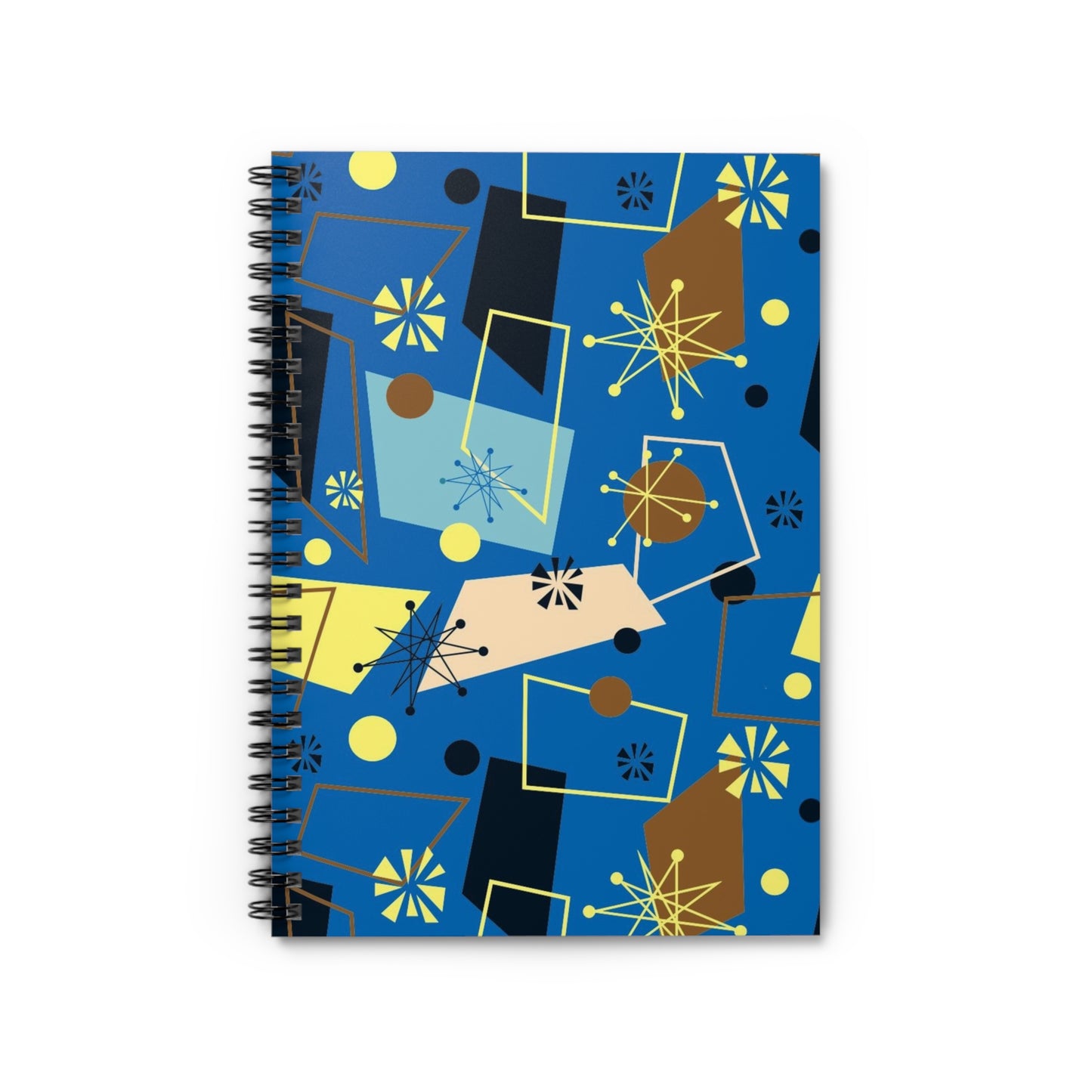 Mid-Century Modern Spiral Notebook — Blue Abstract Retro Pattern, Ruled Journal