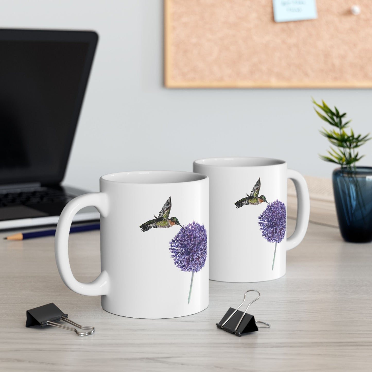 Hummingbird and Yorktown Onion Ceramic Mug — Purple Allium Floral & Hummingbird Coffee Cup (11oz & 15oz)