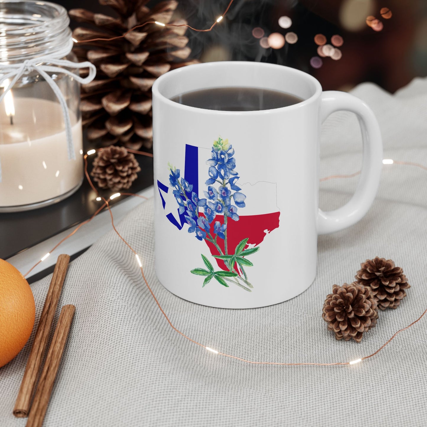 Texas Flag Floral Ceramic Mug — Bluebonnet State Pride Coffee Cup (11oz & 15oz)