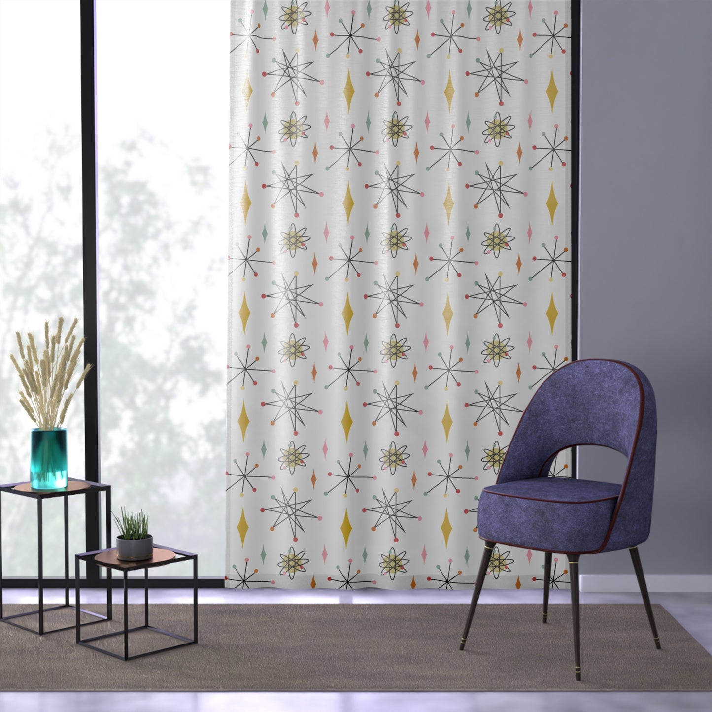 Mid-Century Starburst Sheer Window Curtain — Retro Atomic Pattern Drapery for Living Room