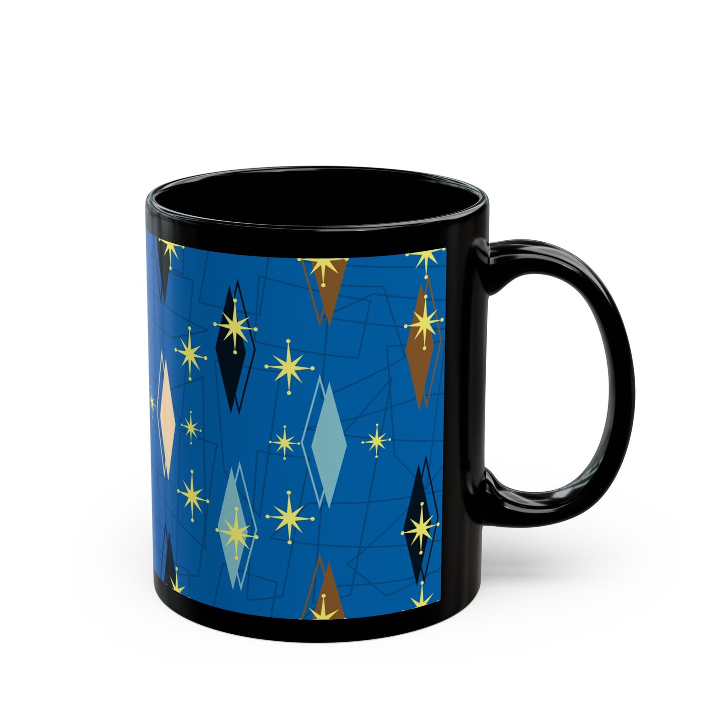 Retro Mid-Century Starburst Pattern Black Coffee Mug — Blue Geometric 11oz/15oz