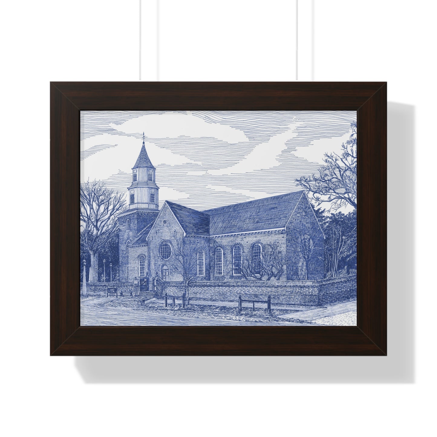 Colonial Williamsburg's Bruton Parish Church in Blue Framed Poster — Blue Architectural Print for Home & Office