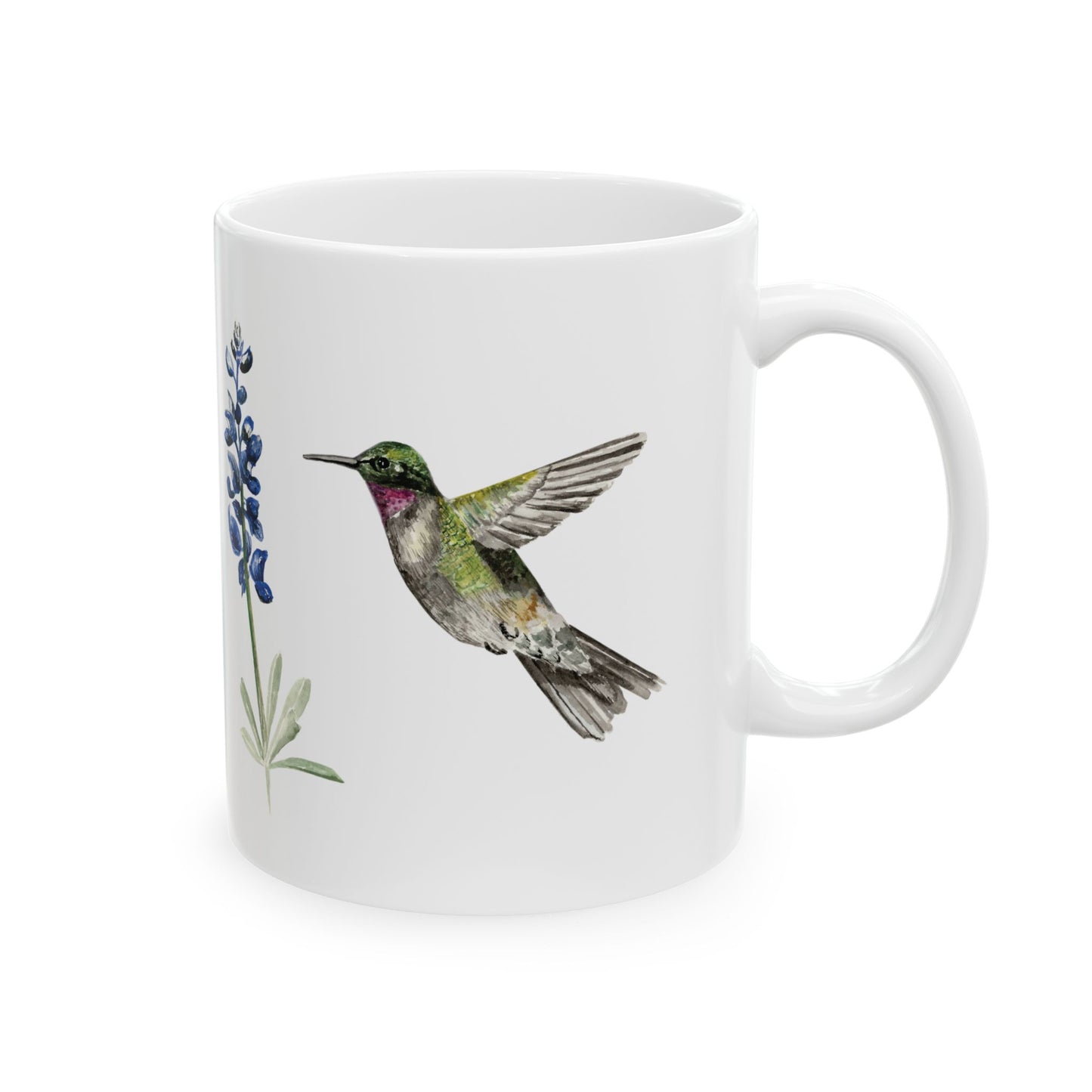 Hummingbird & Bluebonnet Ceramic Mug — Floral Bird Coffee Tea Cup (11oz, 15oz)