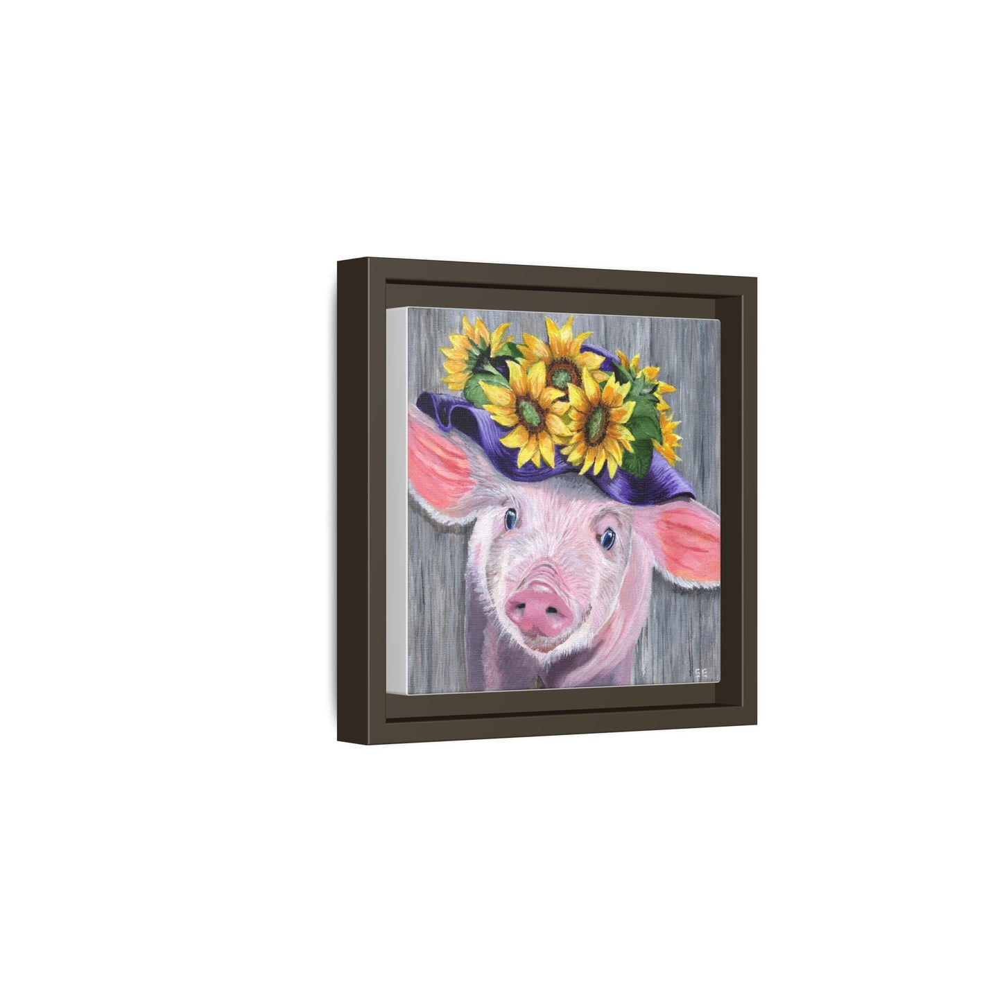 Sunflower Hat Pig Matte Framed Canvas — Whimsical Farmhouse Wall Art