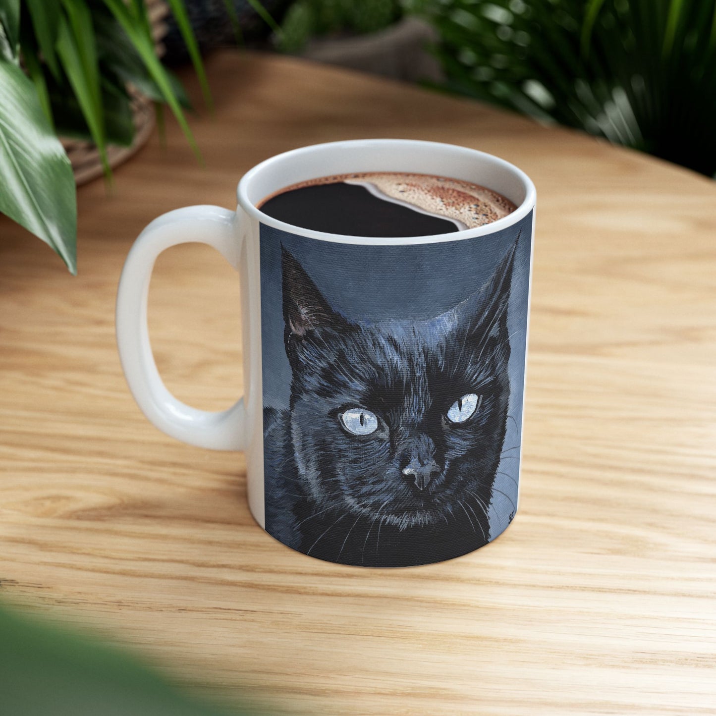 Black Cat Portrait Mug — Ceramic Coffee Cup with Moody Blue Background (11oz, 15oz)