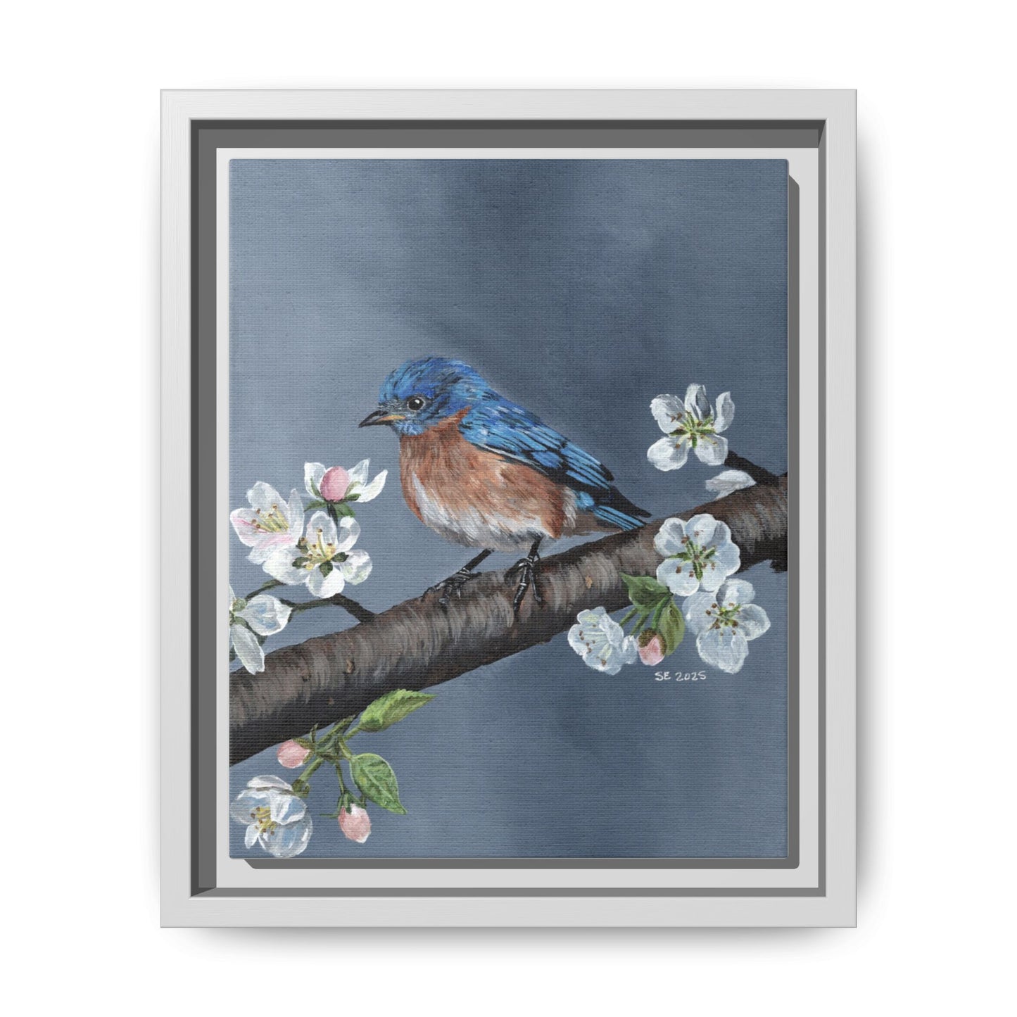Framed Bluebird Canvas Art — Spring Blossoms Wall Print