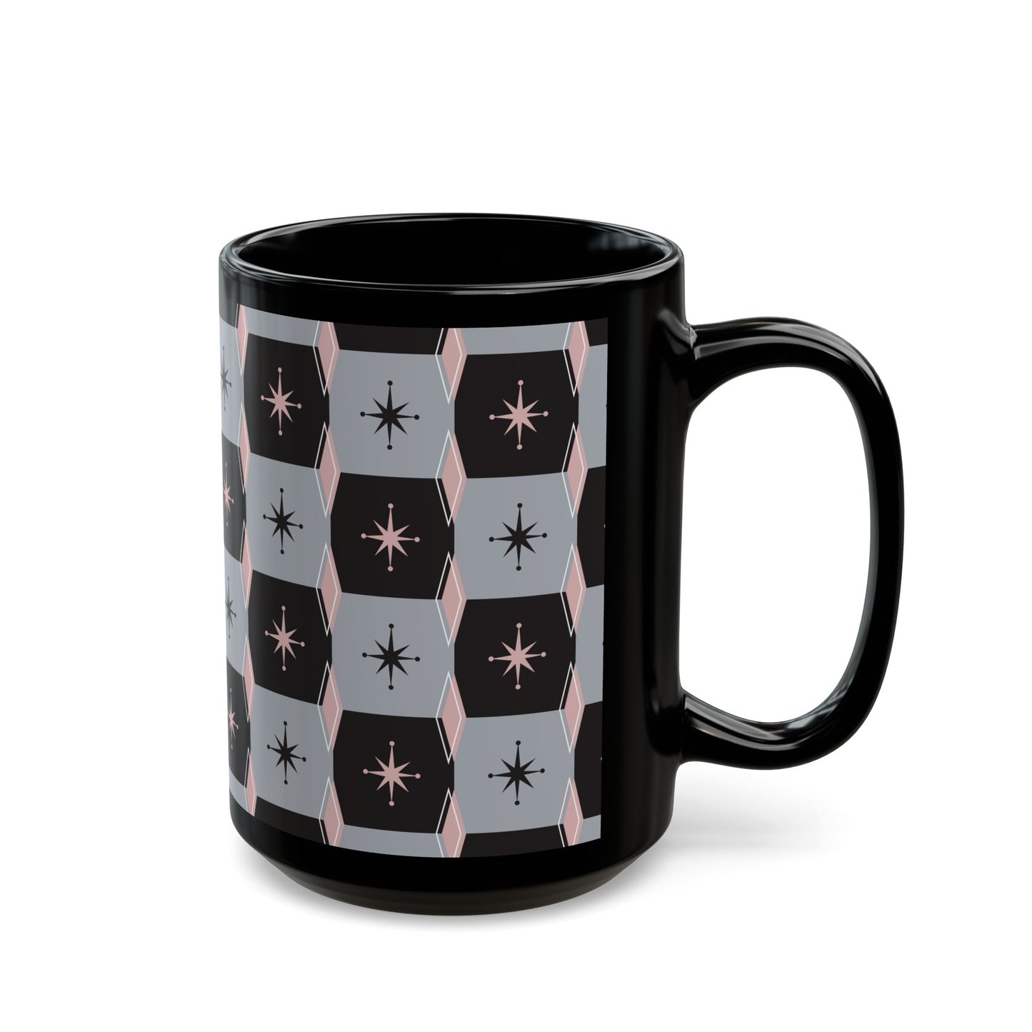 Retro Starburst Black Mug — Mid-Century Geometric Coffee Cup (11oz/15oz)