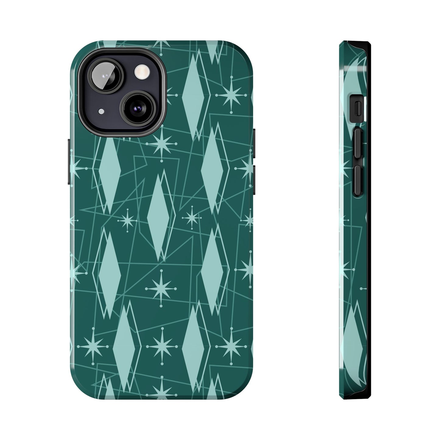 1950s Retro Star and Diamond Pattern in Green Tough iPhone Cases