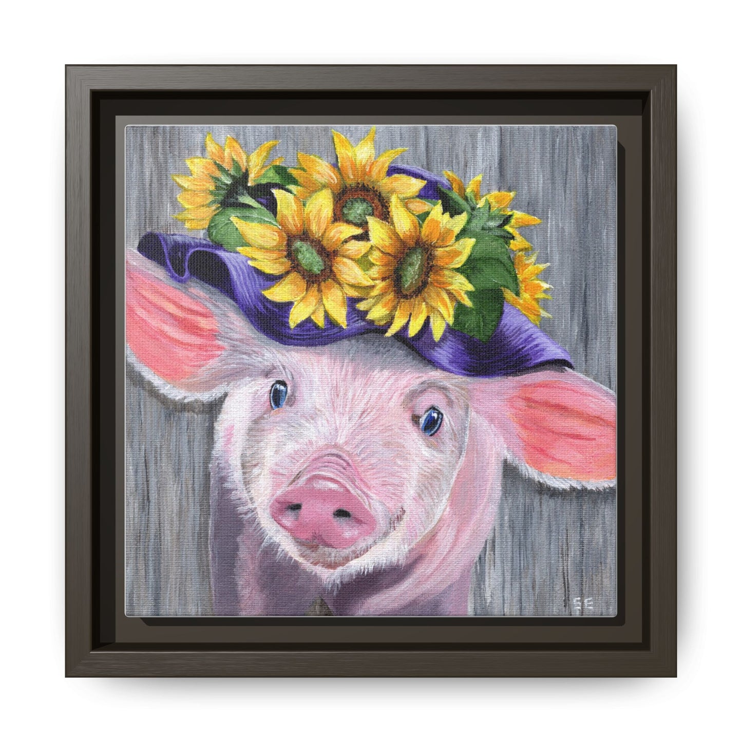 Sunflower Hat Pig Matte Framed Canvas — Whimsical Farmhouse Wall Art