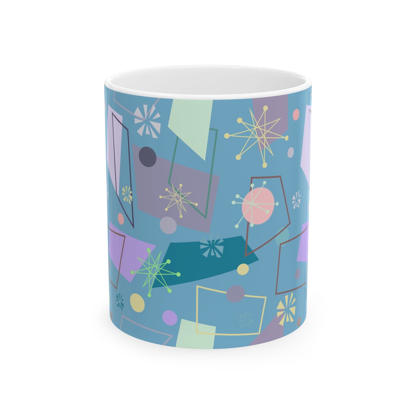 Retro Geometric Ceramic Mug — Mid-Century Modern Atomic Pattern (11oz & 15oz)