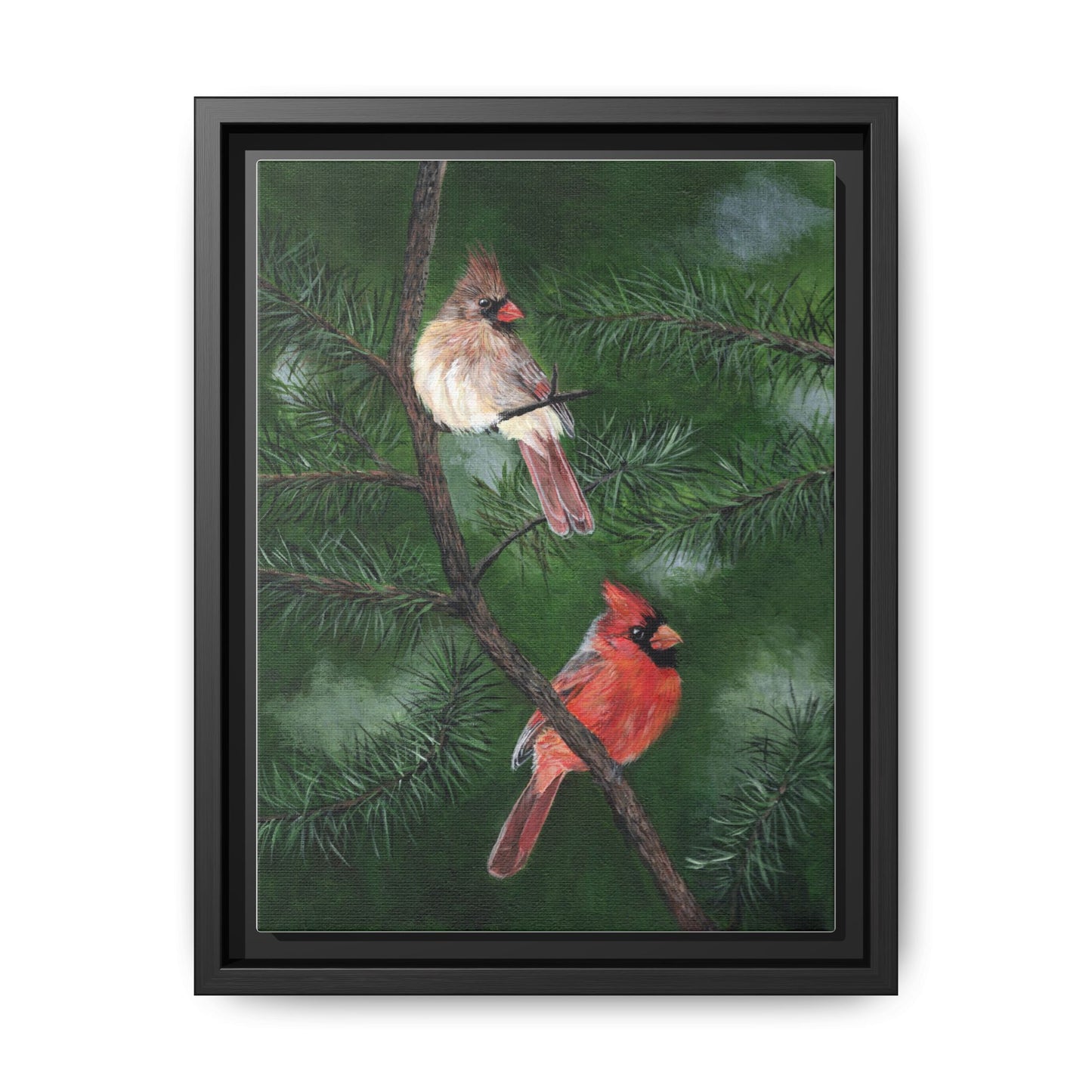 Framed Cardinal Canvas Print – Pair of Cardinals Pine Tree Wall Art